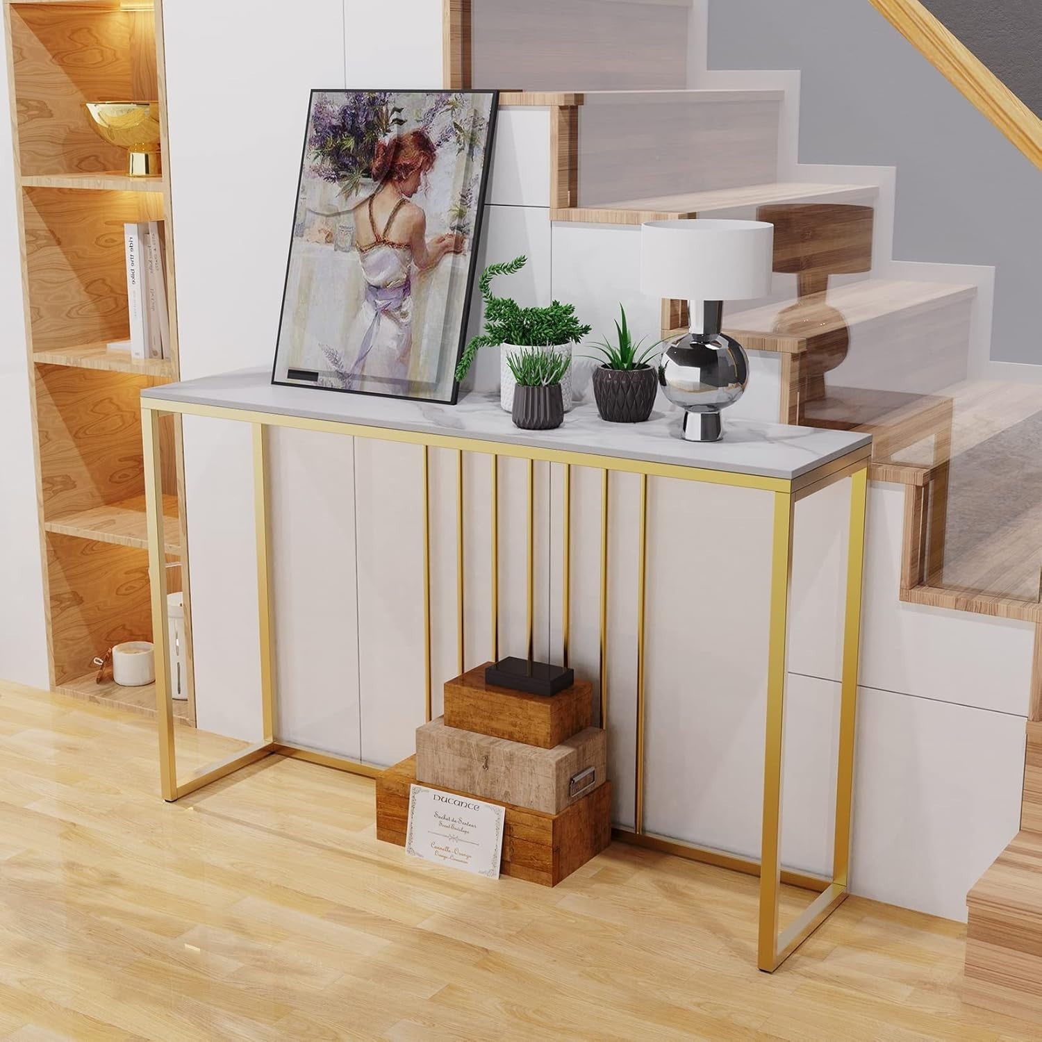 120cm White Marble Console Table – Gold Frame Slim Hallway Side Desk