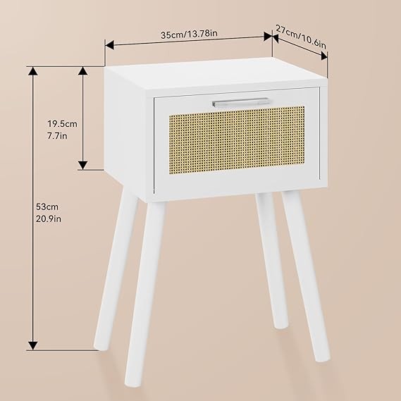 Set of 2 White Bedside Tables with Rattan Drawer & Wood Legs, Modern Nightstands