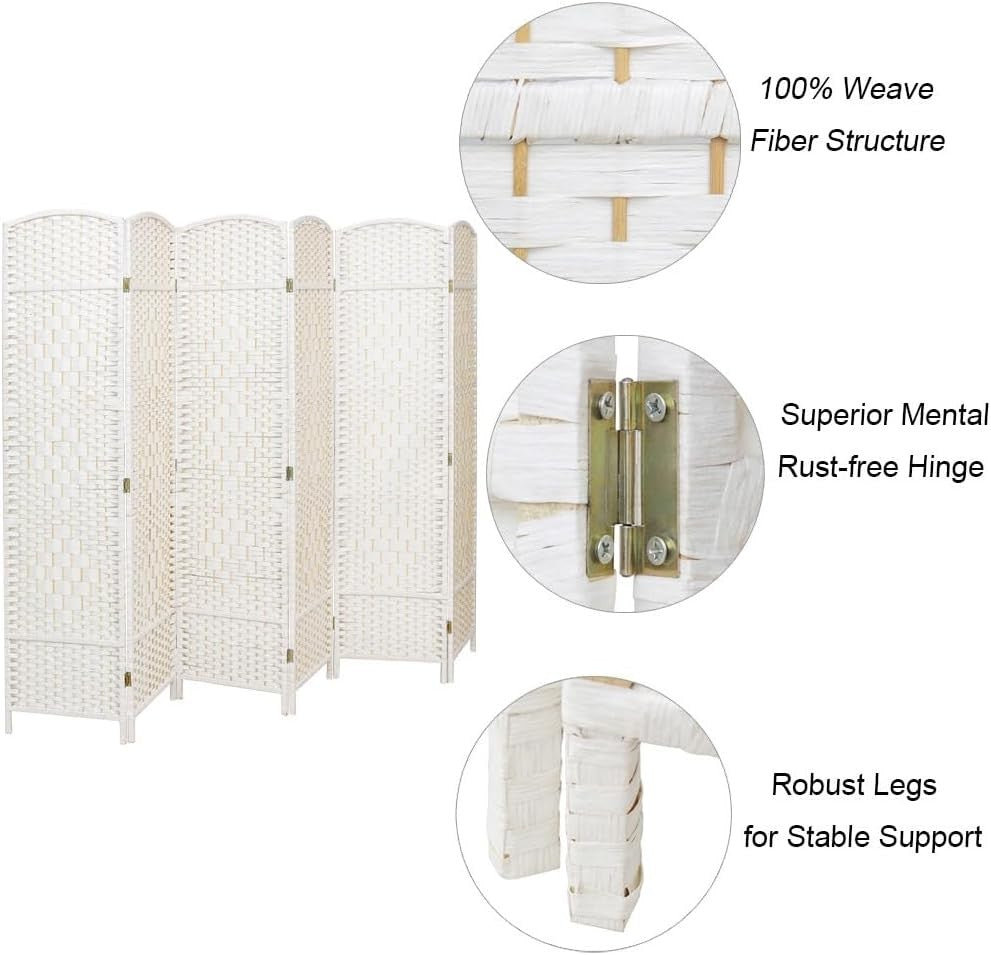 White 6 Panel Wicker Folding Room Divider Handwoven Privacy Screen 170cm