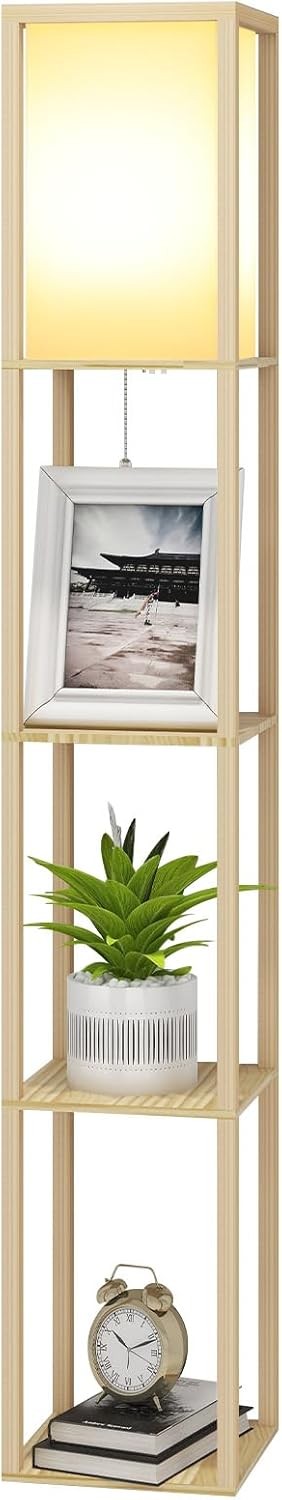 Floor Lamp with Shelves Storage Standing Light Wooden Modern E27 Tall