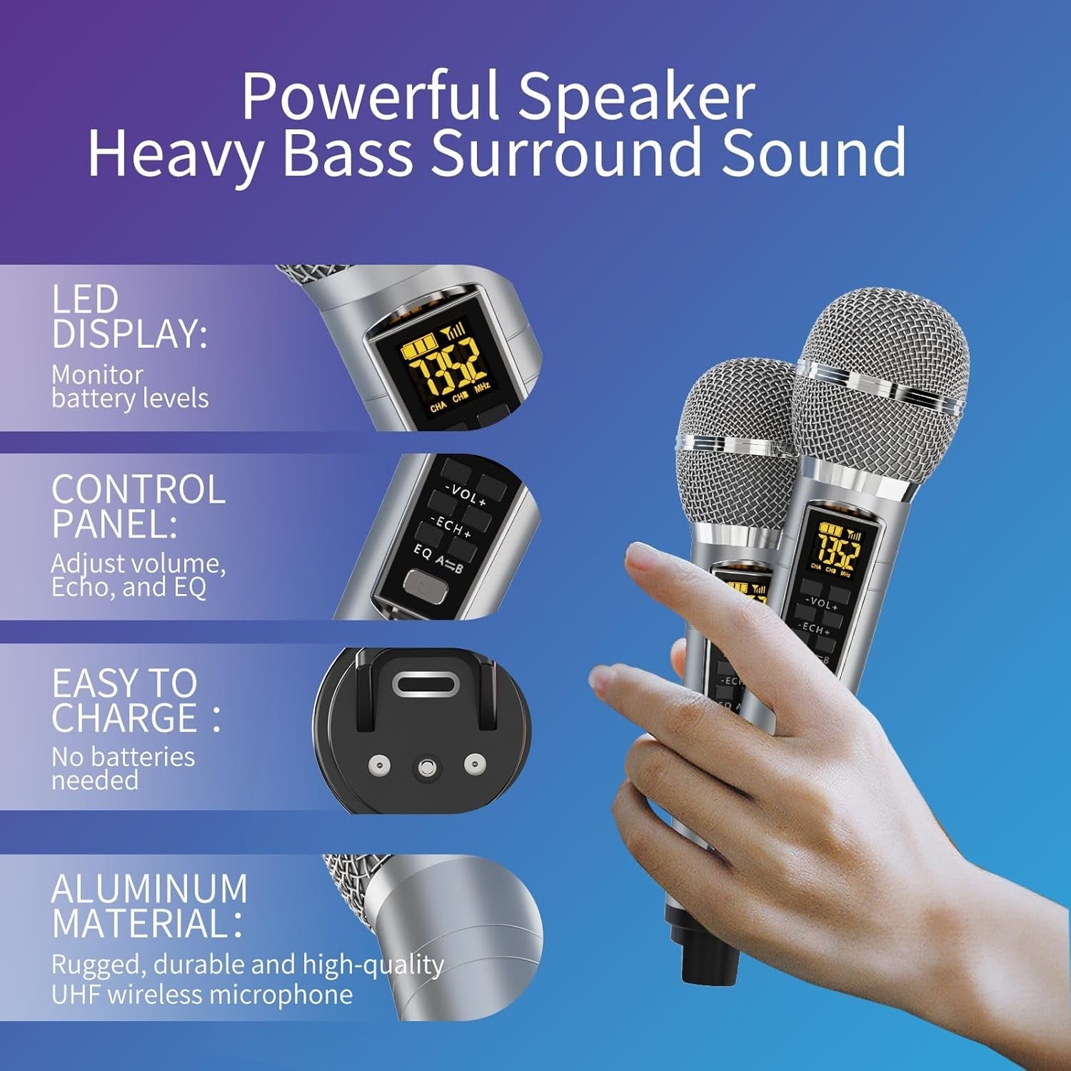 Karaoke Machine 2 UHF Wireless Mics Bluetooth PA LED