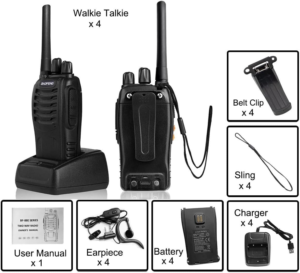 Long Range Walkie Talkies 4 Pack Rechargeable 2 Way Radios VOX USB Set