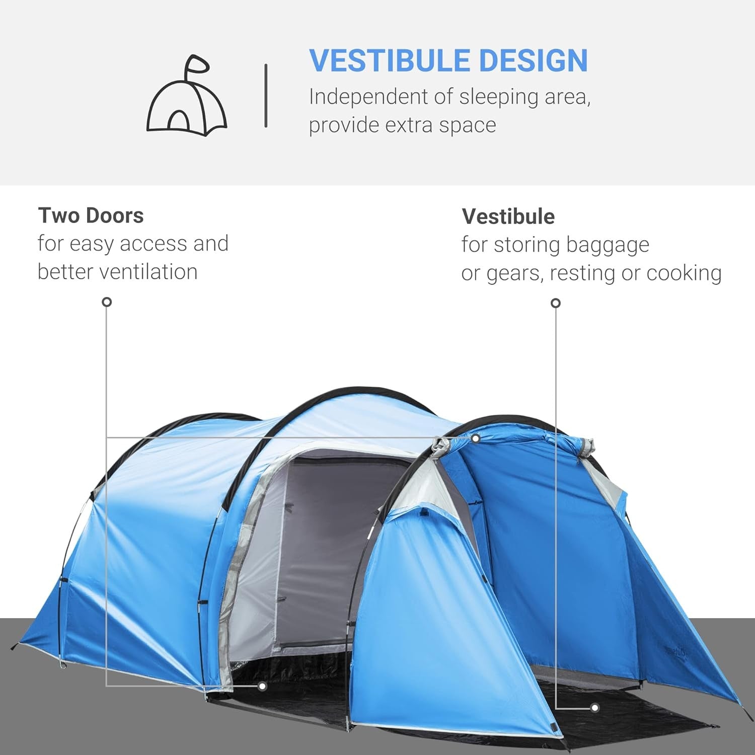Blue 2-3 Person Outsunny Tunnel Camping Tent – Waterproof, Lightweight
