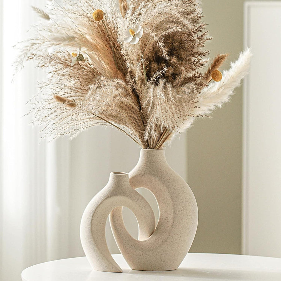 Ceramic Vase Set of 2 Nordic Boho Hollow Modern Flower Decor Cream White
