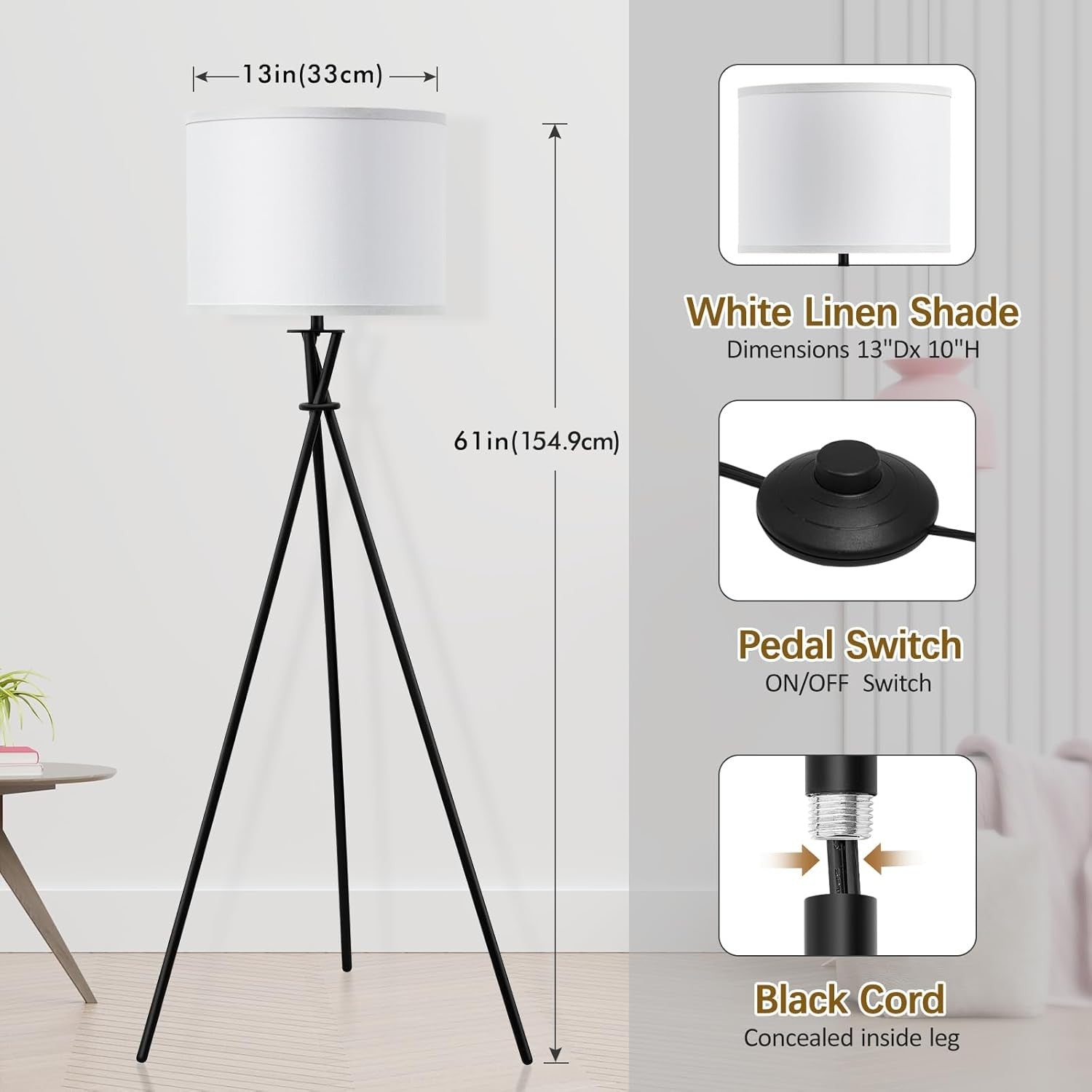 Tripod Floor Lamp Standing Light with Foot Switch Modern Living Room
