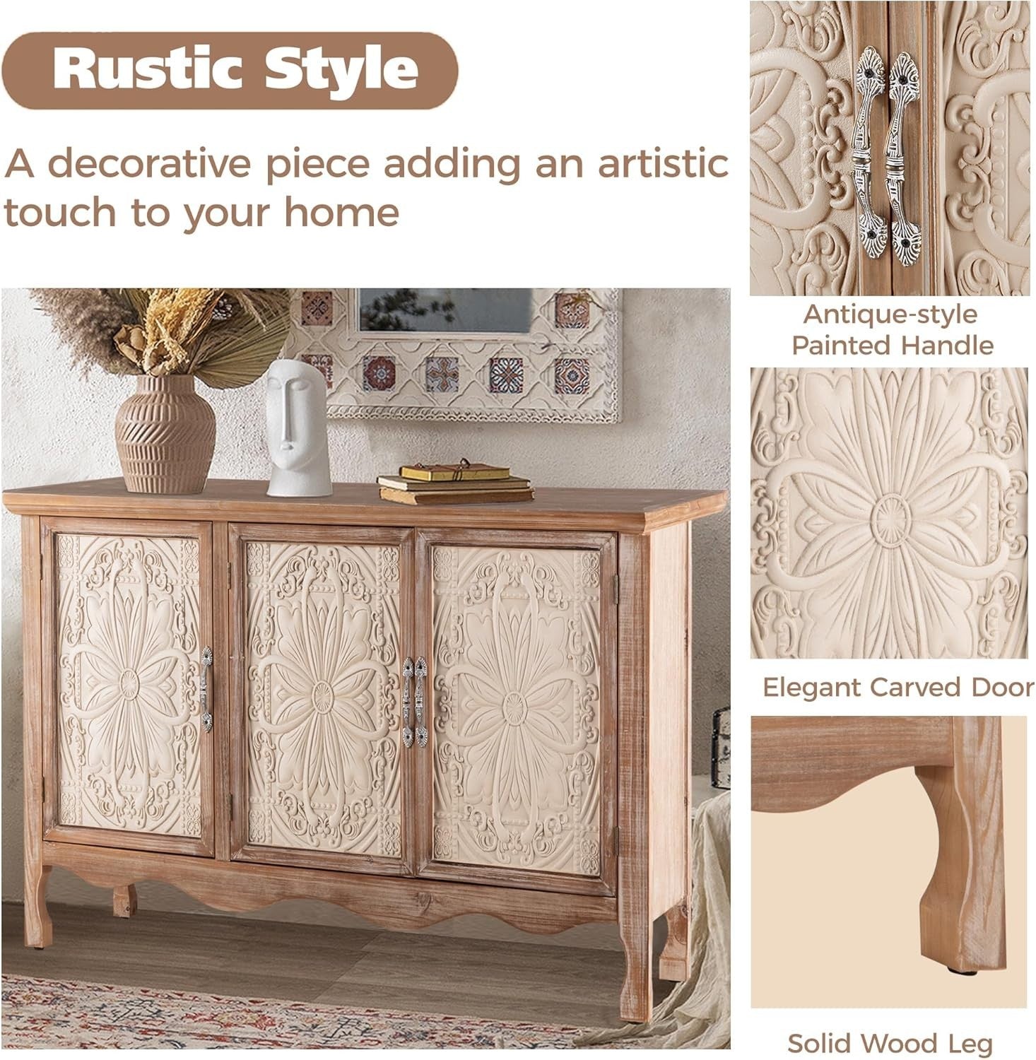 French Country Buffet Cabinet with 3 Doors Large Storage Natural Wood