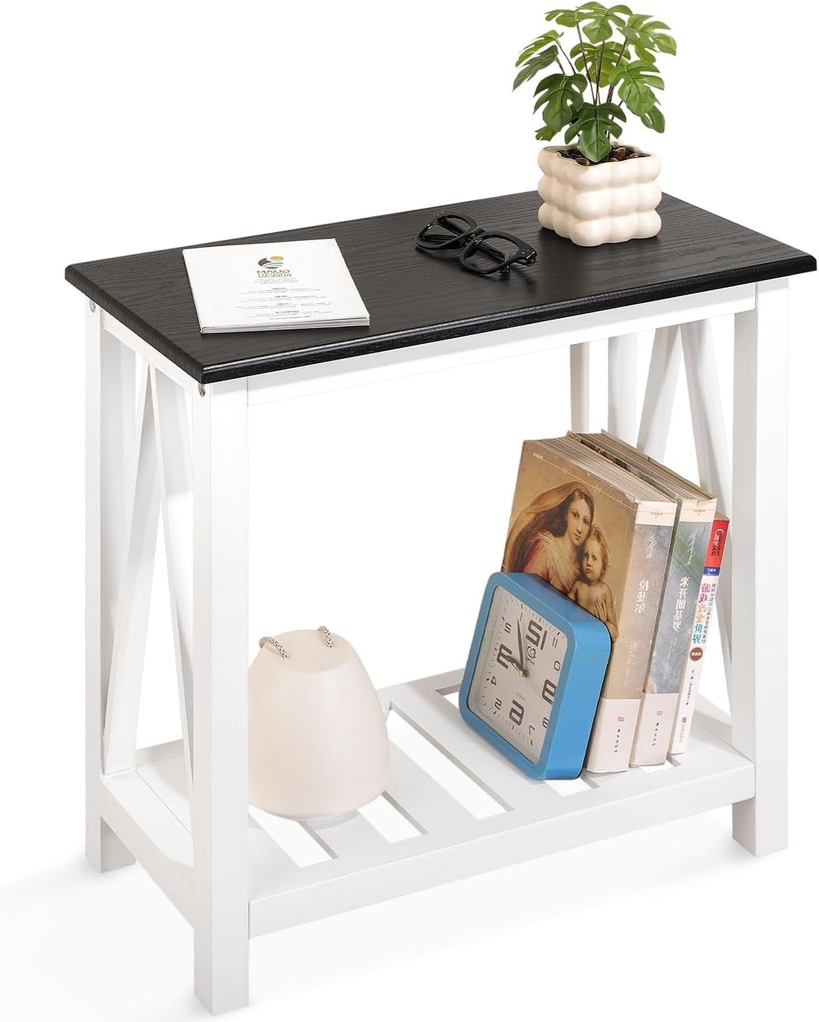 Narrow Black & White Side Table with Storage Shelf, Rustic Nightstand