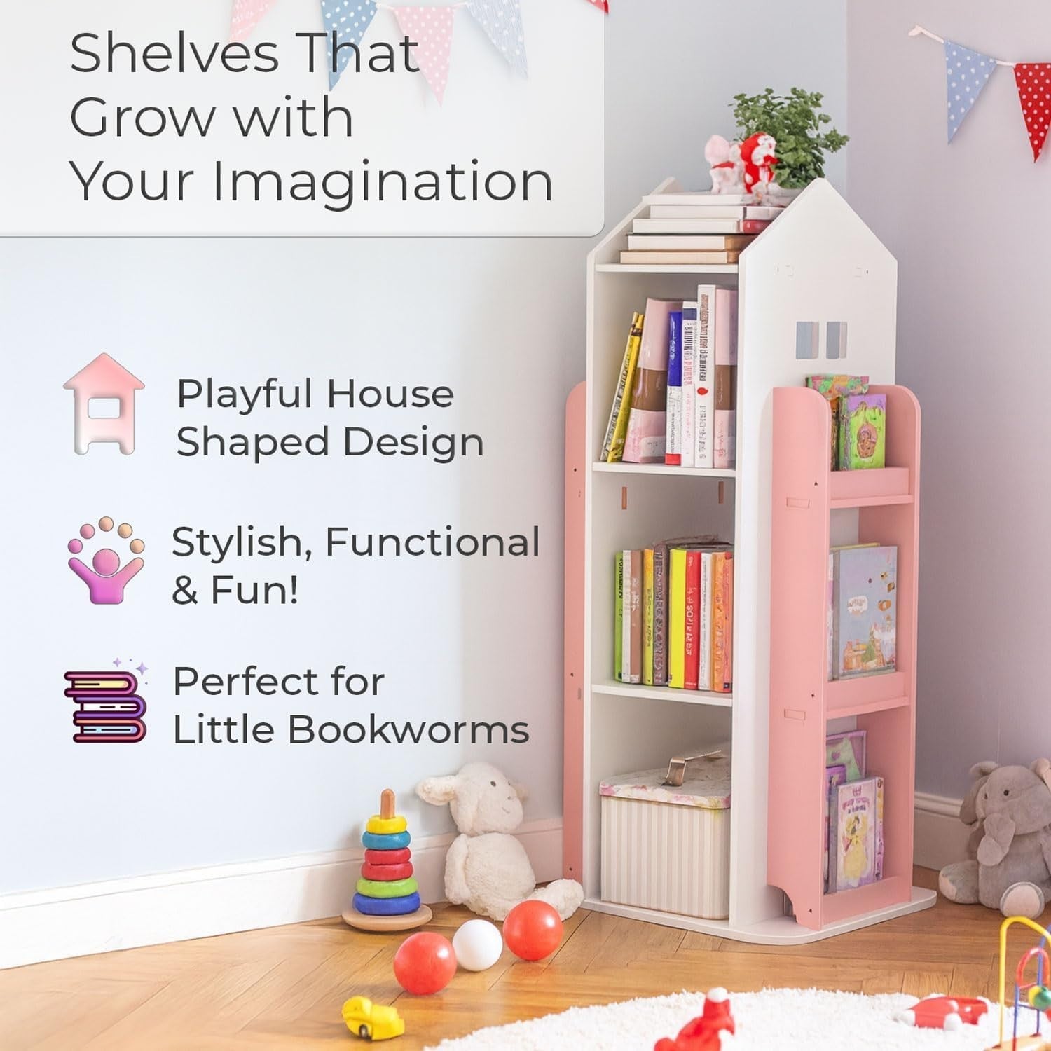 360° Rotating Kids Bookshelf 10-Shelf Freestanding Space-Saving Bookcase Pink