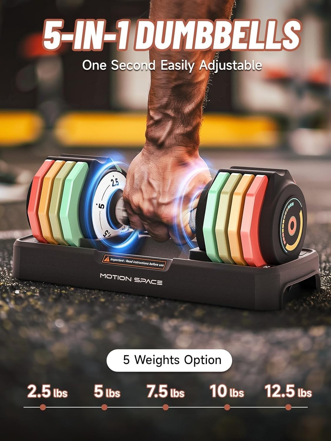 5-in-1 Adjustable Dumbbells Pair 2.5–12.5LB Quick Dial Non-Slip with Tray