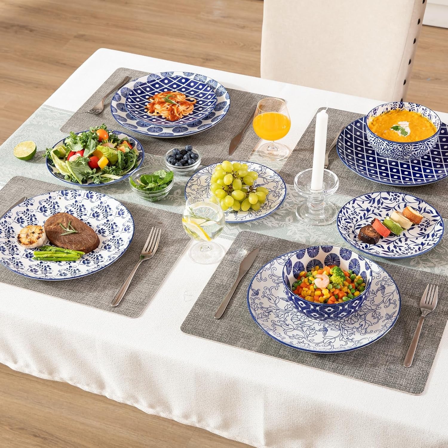 12pc Porcelain Dinnerware Set Blue White Plates Bowls Modern Dishwasher Safe