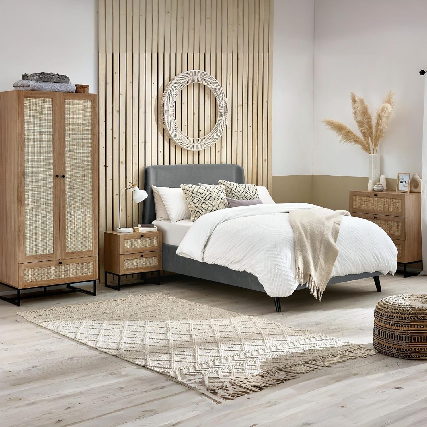 Modern Oak 2 Drawer Bedside Table with Rattan Front 50x30x55cm