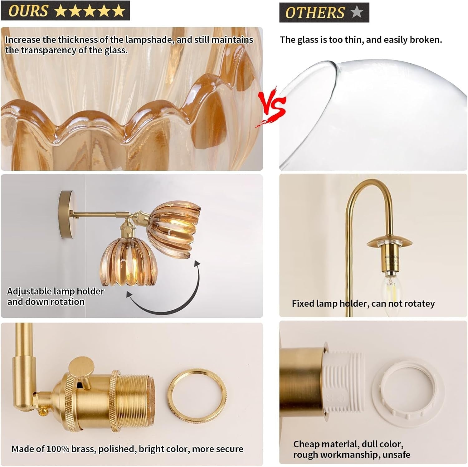 Vintage Brass Wall Sconces Set of 2, 180° Adjustable, Amber Glass Shades