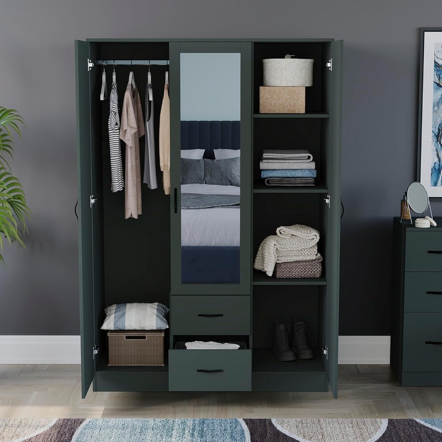 3 Door Mirrored Wardrobe with Hanging Rail & Adjustable Shelf Storage