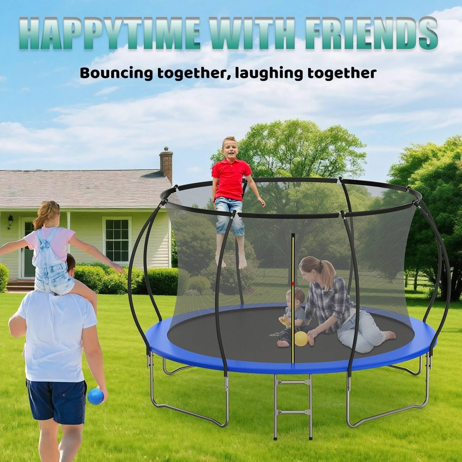 12FT Kids Outdoor Trampoline Safety Enclosure Ladder Waterproof