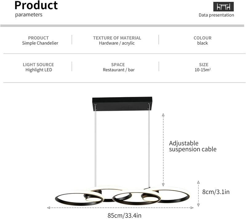 Black LED Ring Chandelier 4 Ring Dimmable Pendant Light for Kitchen