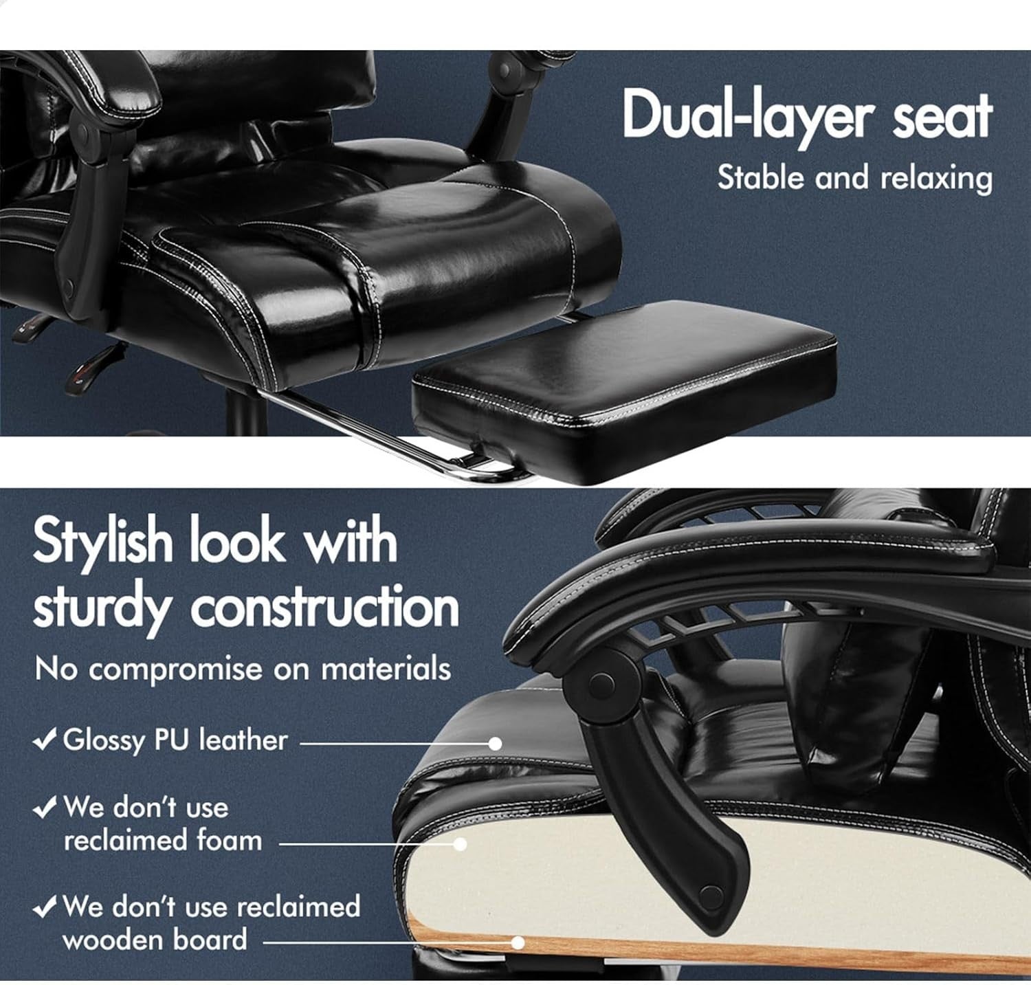 Executive Ergonomic Office Chair, Adjustable Reclining PU Leather Swivel Desk Se