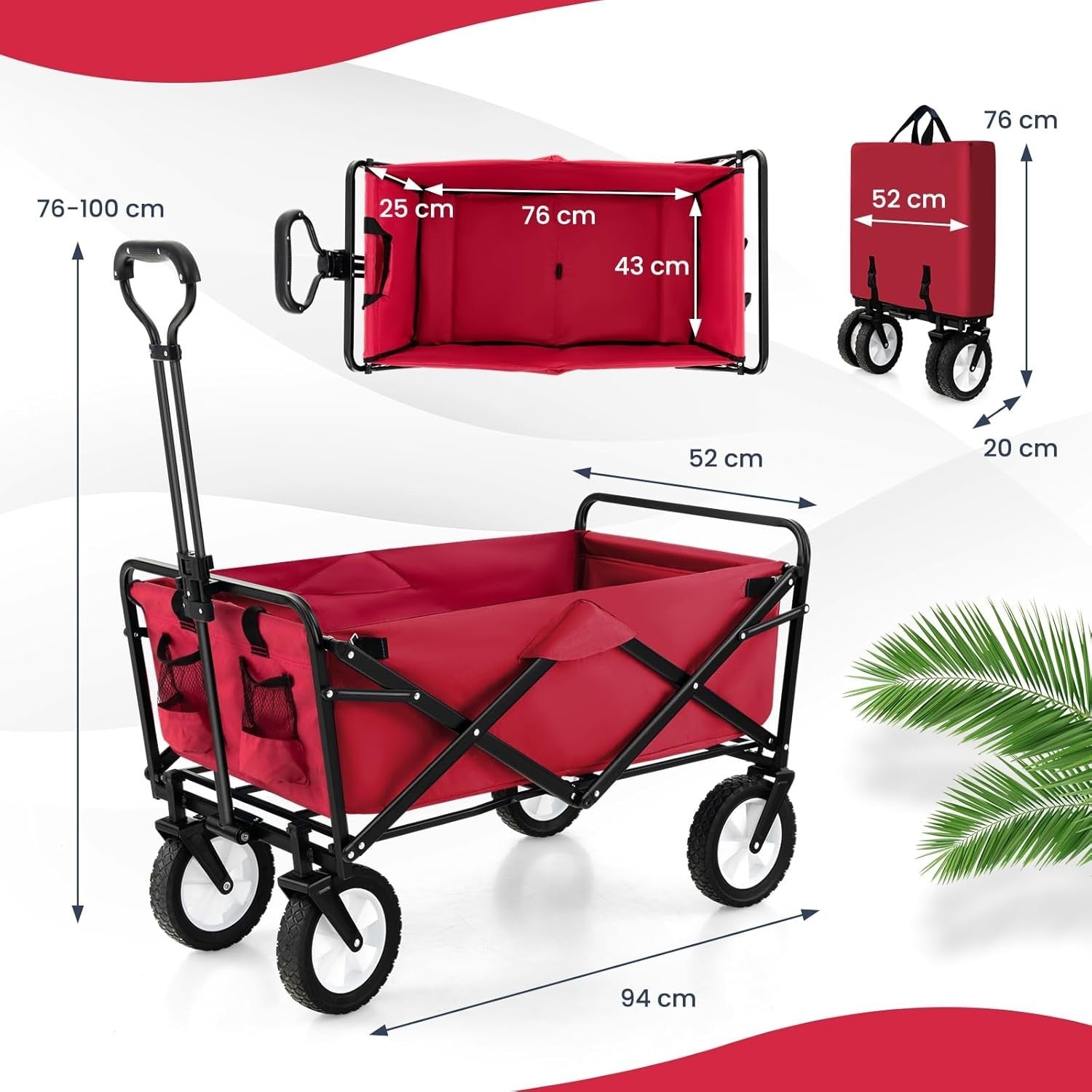 Red Folding Trolley Cart Heavy Duty Collapsible Garden Wagon Adjustable Handle