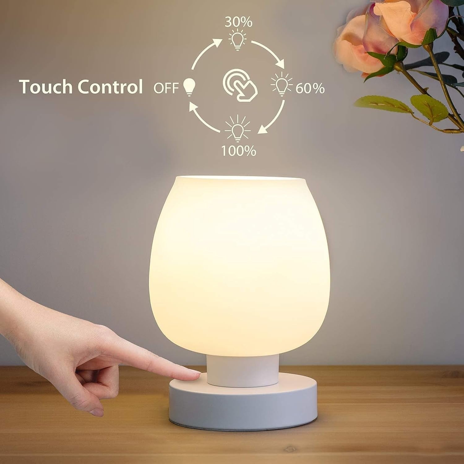 Touch Bedside Table Lamps Set of 2 3 Way Dimmable Opal Glass Night Lights