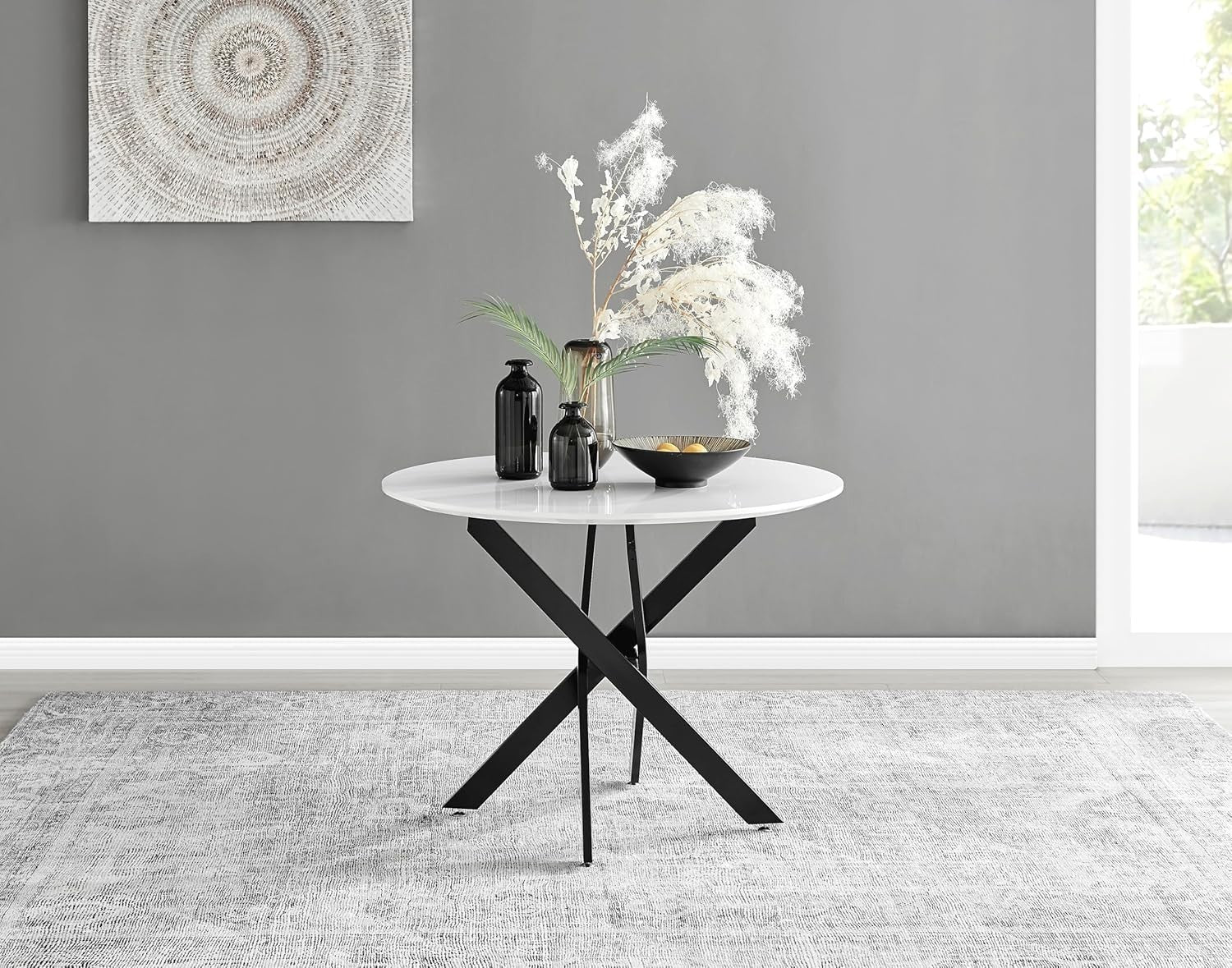 Round 100cm Marble Dining Table Gloss White Top + Black Metal Legs