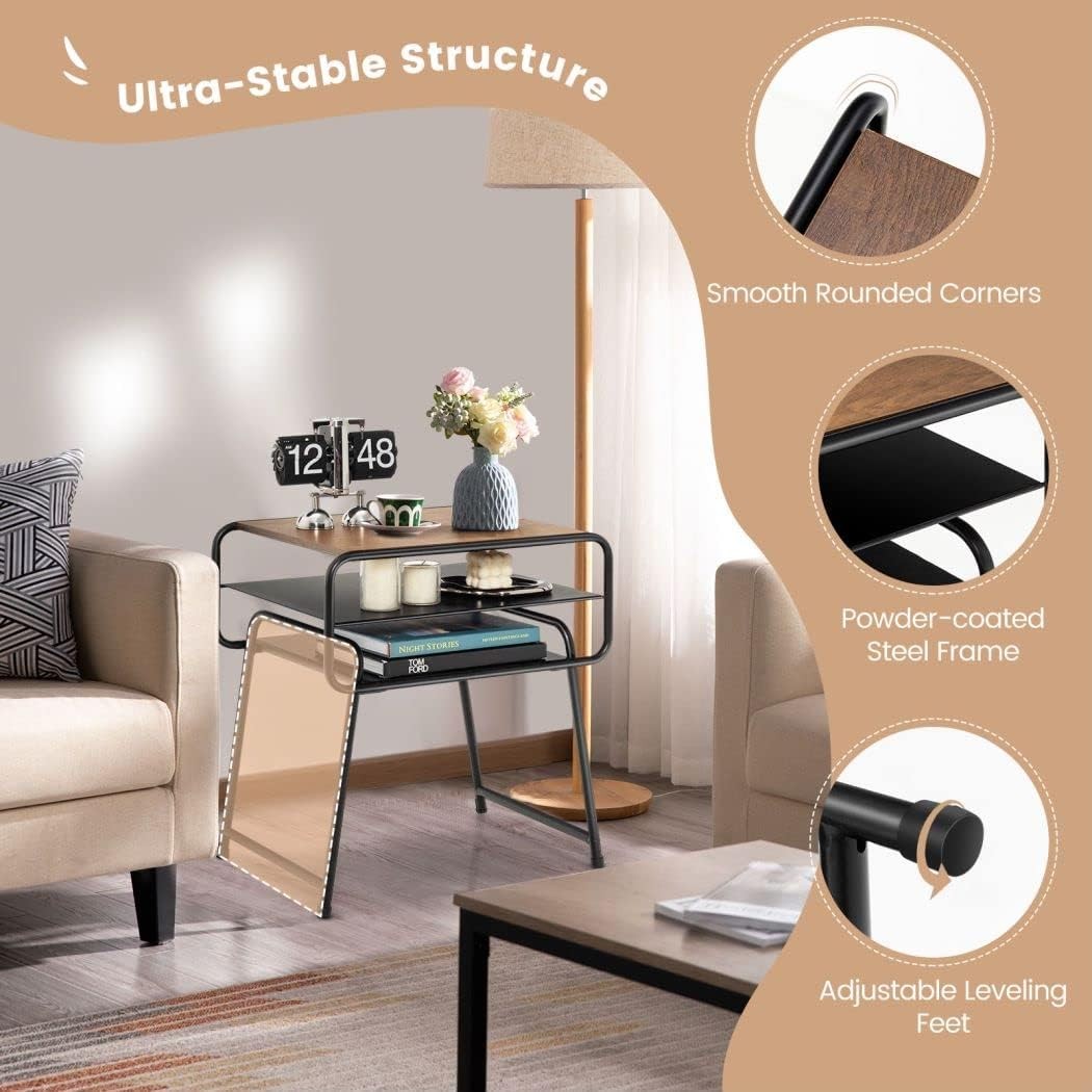 3-Tier Modern Side Table | Metal Frame Sofa End Table with Storage Shelves 40×51