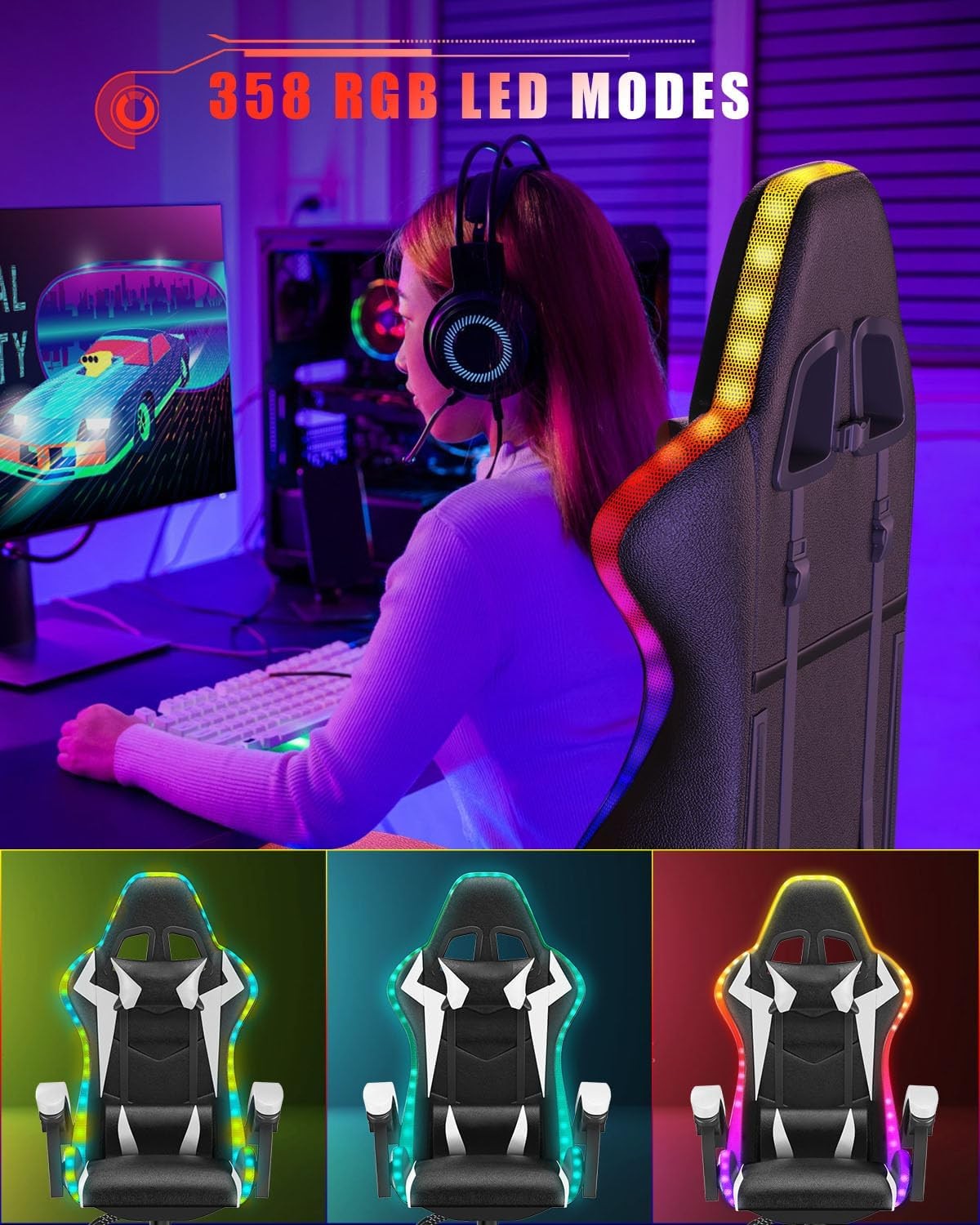 Ergonomic Gaming Chair with LED Lights & Lumbar Support – White