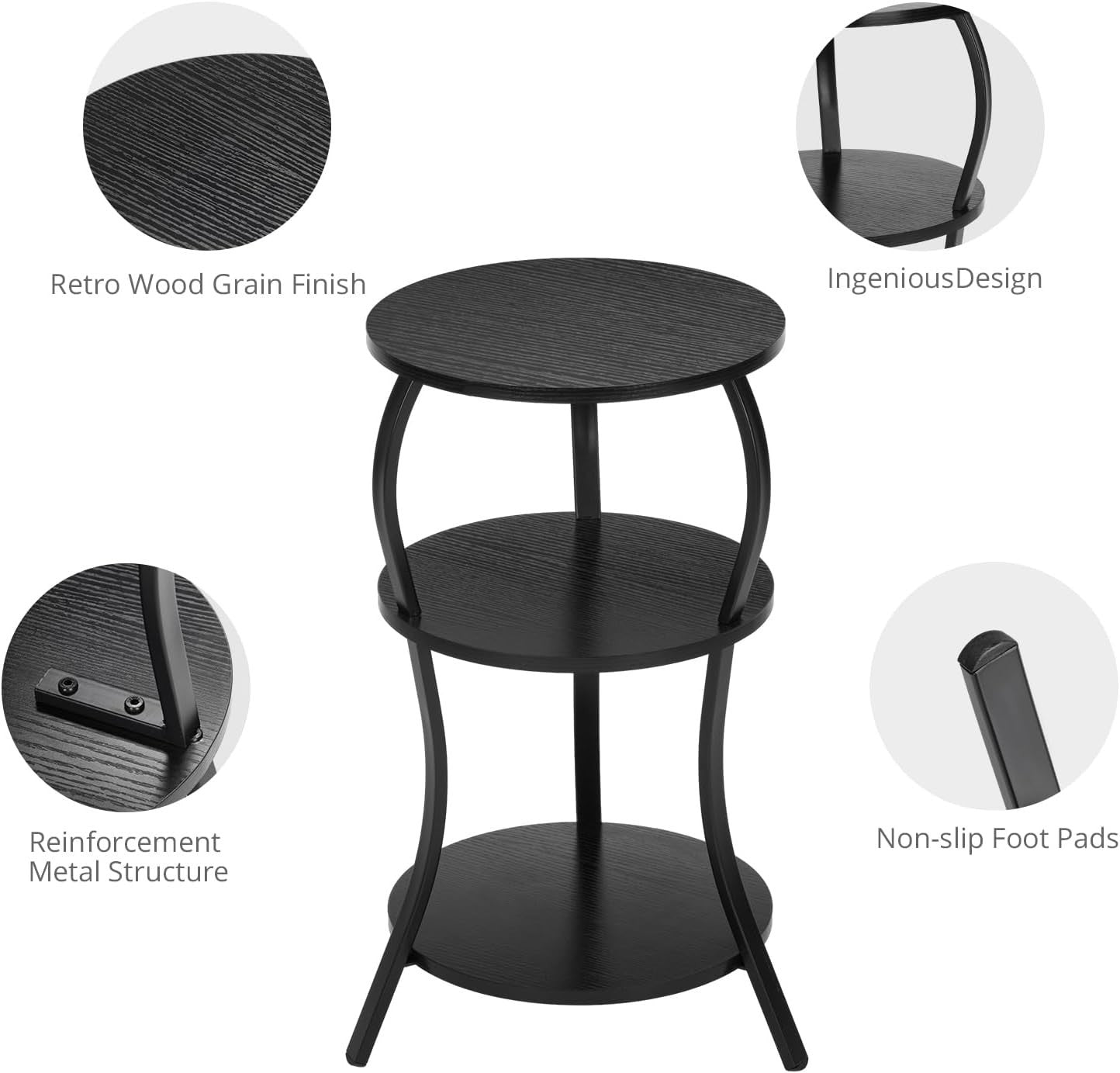 Black 3-Tier Round Side Table 30x30x55 cm | Slim End Table w/ Storage