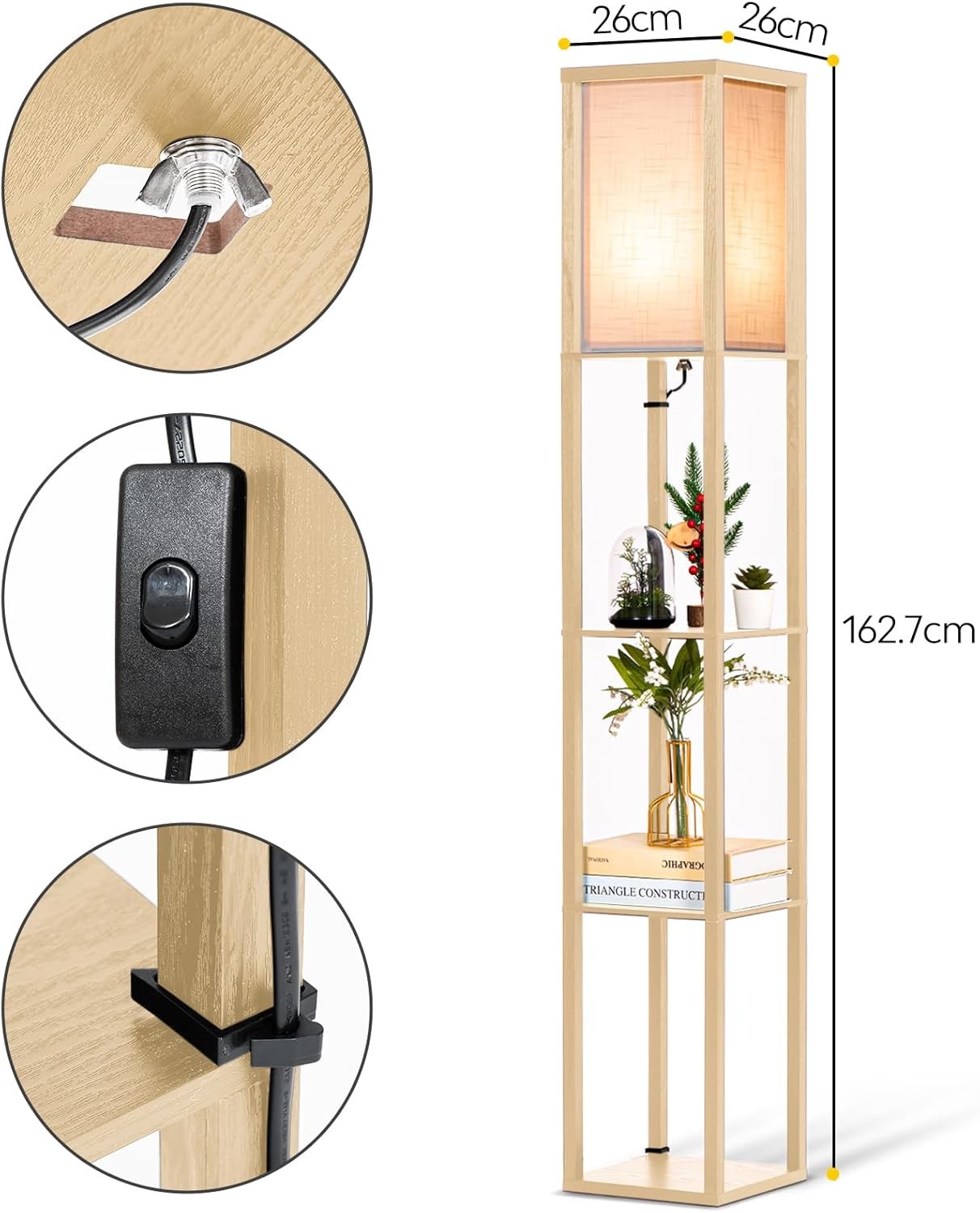 Floor Lamp with Shelves Wooden Standing LED Light Storage Display Natural Wood