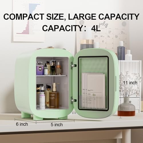 4L Skincare Mini Fridge Cooler & Warmer LED Mirror Portable Green