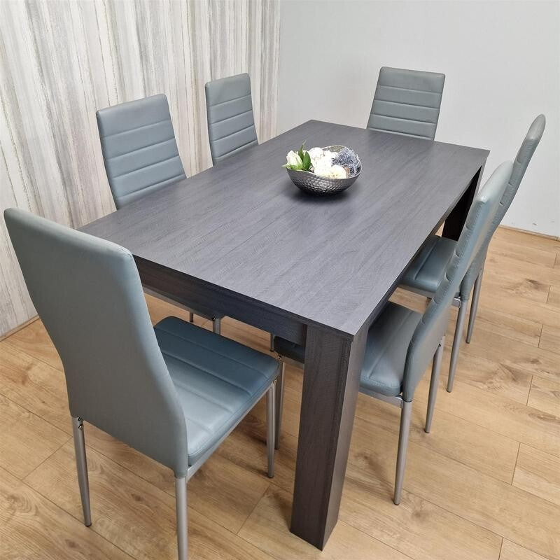 Dark Grey Dining Table Set with 6 Faux Leather Chairs Modern Kitchen