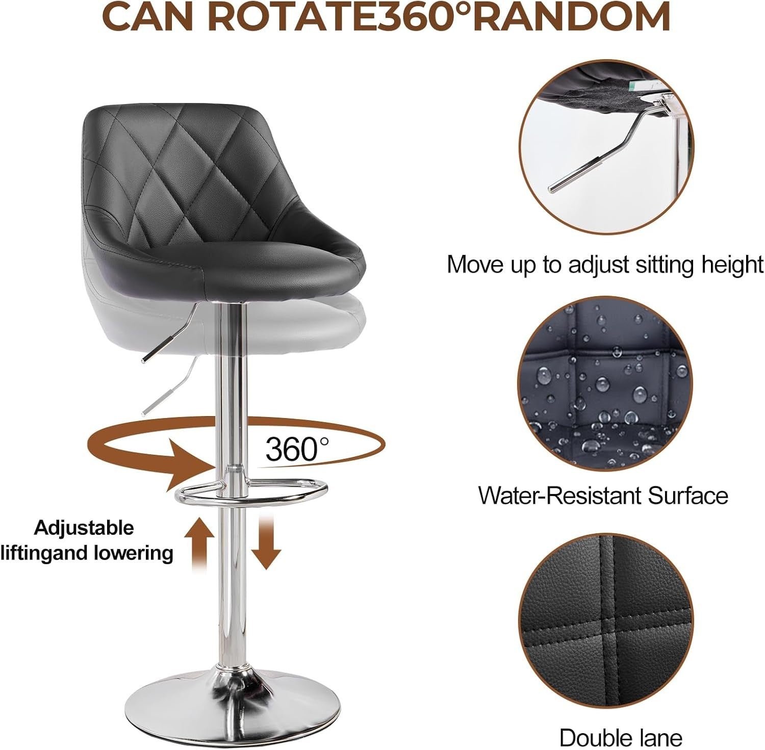 Set of 2 Adjustable Swivel Bar Stools – Black Rectangular