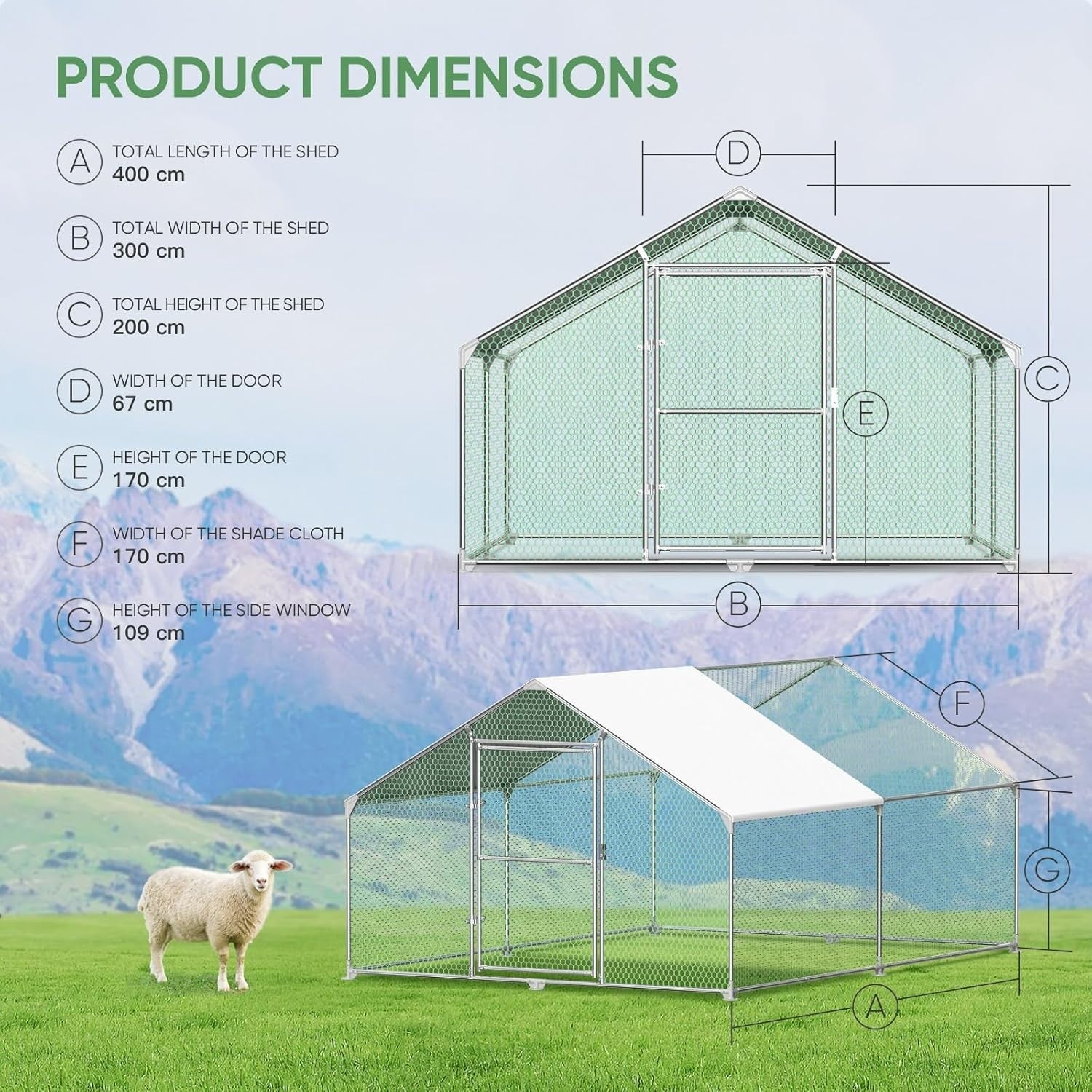 Large Walk In Chicken Coop 4x3x2m Galvanised Steel Run PE Roof