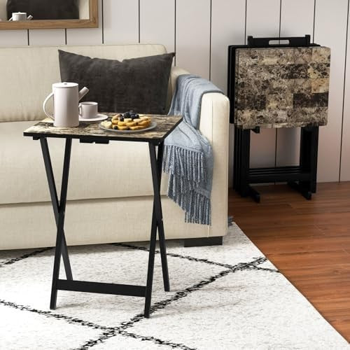 Set of 4 Folding Tray Tables with Rack Portable Faux Marble TV Snack Tables