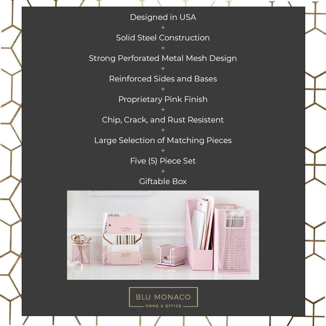 Pink Desk Organiser Set 5pc Metal Office Storage File Holder Women
