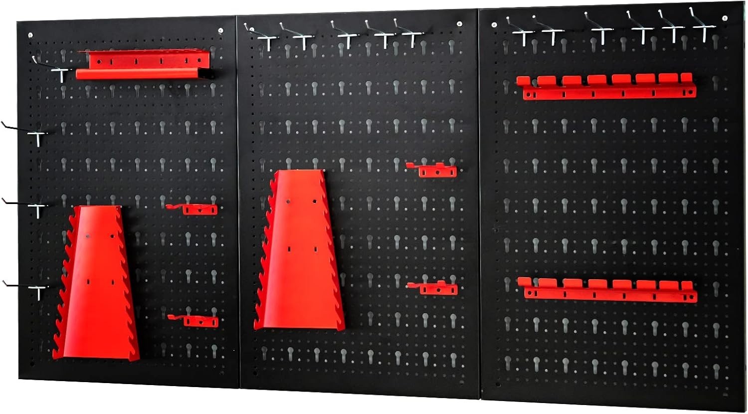 Black + Red Wall-Mount Pegboard Kit 3 Boards Heavy Duty 25 Hooks Accessories