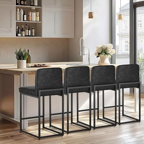 Kitchen Bar Stools Set of 2 Black Faux Leather Counter Chairs 60cm