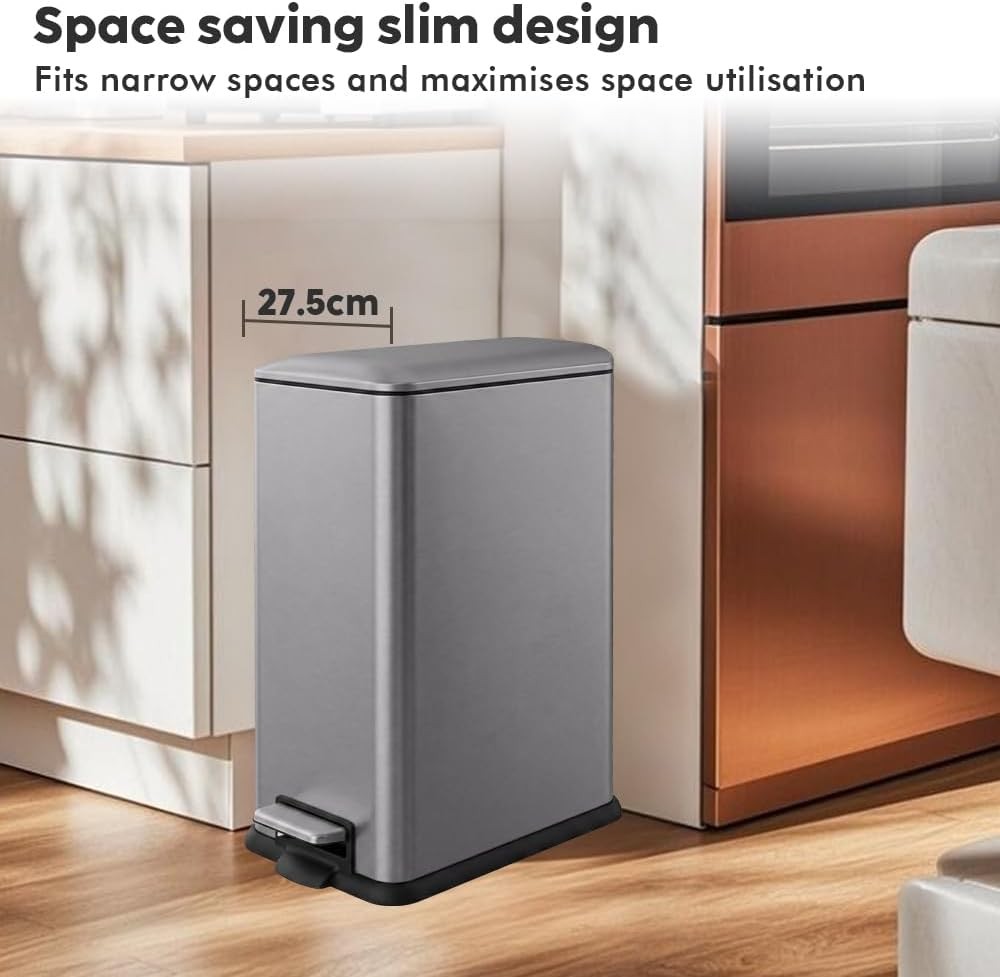 45L Stainless Steel Pedal Bin Slim Kitchen Trash Can Soft Close Grey