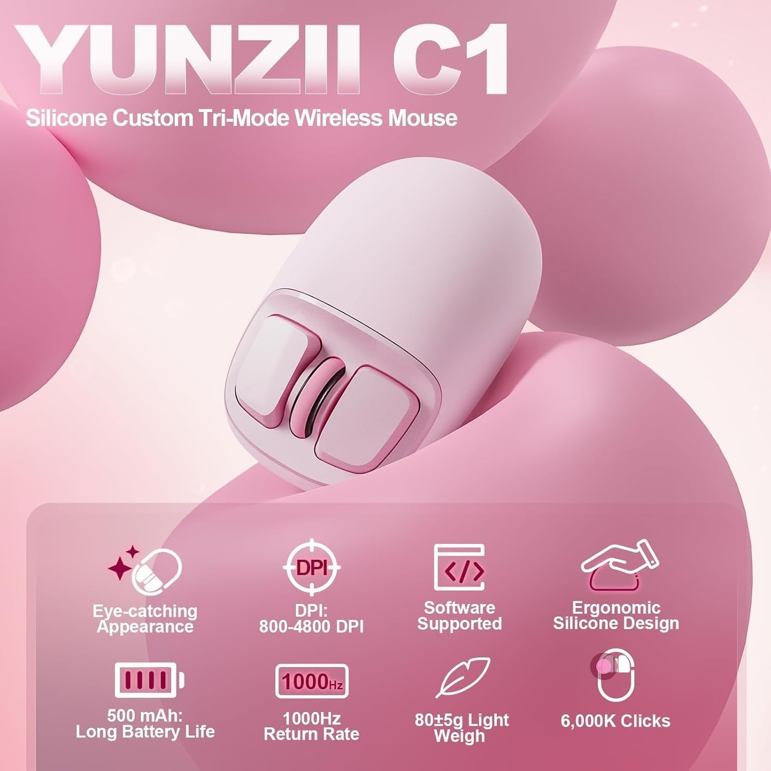 4800 DPI Wireless Mouse Bluetooth 2.4G USB-C Programmable Pink