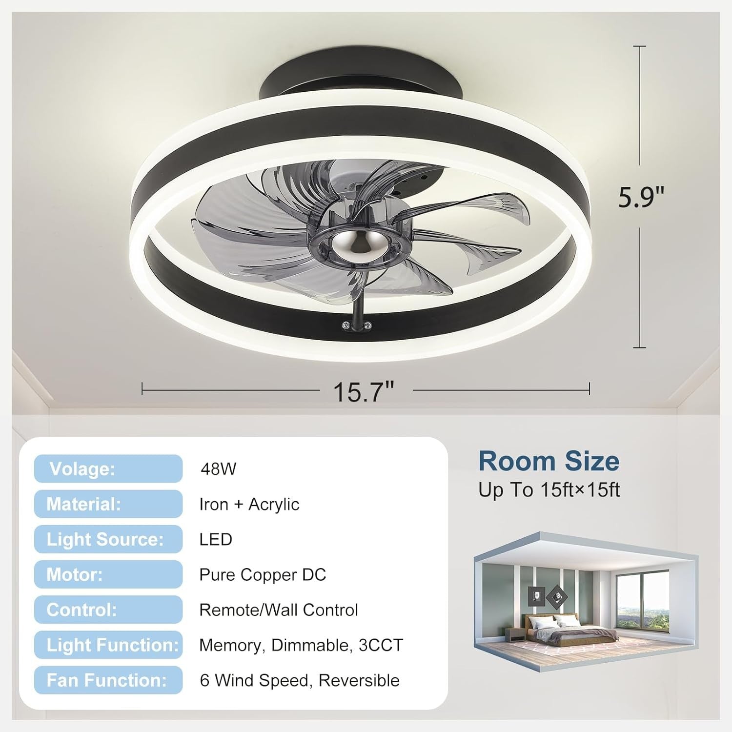 Bellanny 48CM Ceiling Fan, 6 Speeds, Dimmable LED, Reversible, Quiet Motor