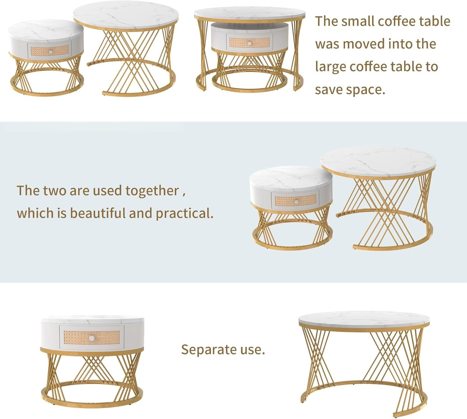 ModernLuxe 2-in-1 Round Coffee Table Set with Marble Top, Rattan Drawer