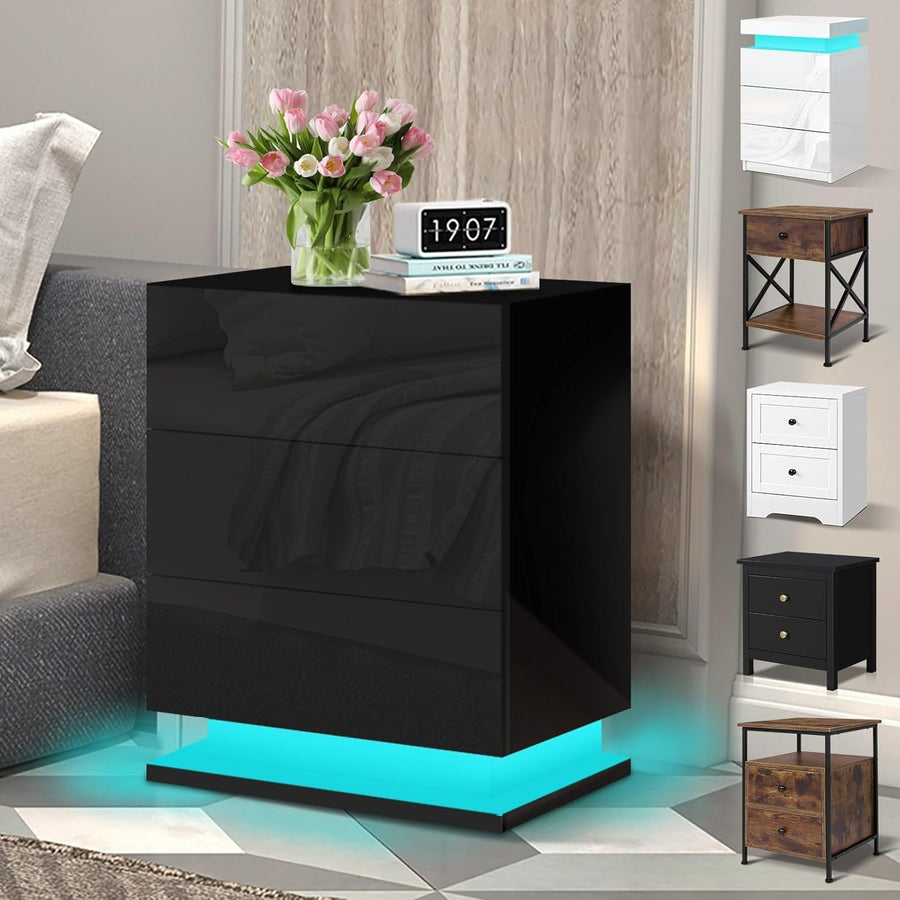 LED Bedside Table with 3 Drawers & RGB Lights | Black High Gloss Nightstand