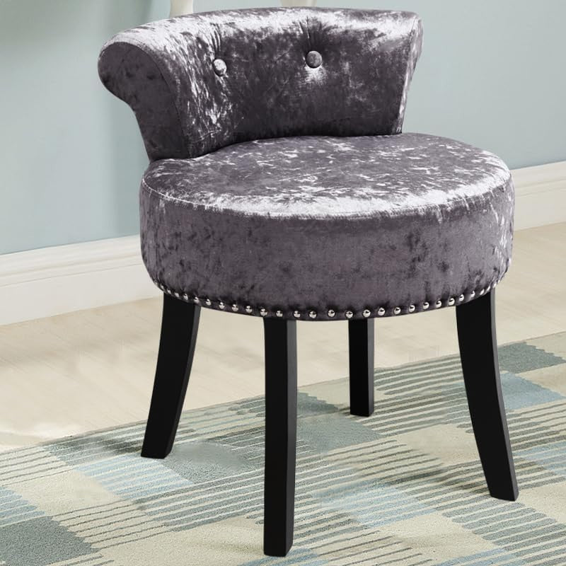 Dark Grey Ice Velvet Dressing Table Stool Low Back Wood Legs Footstool