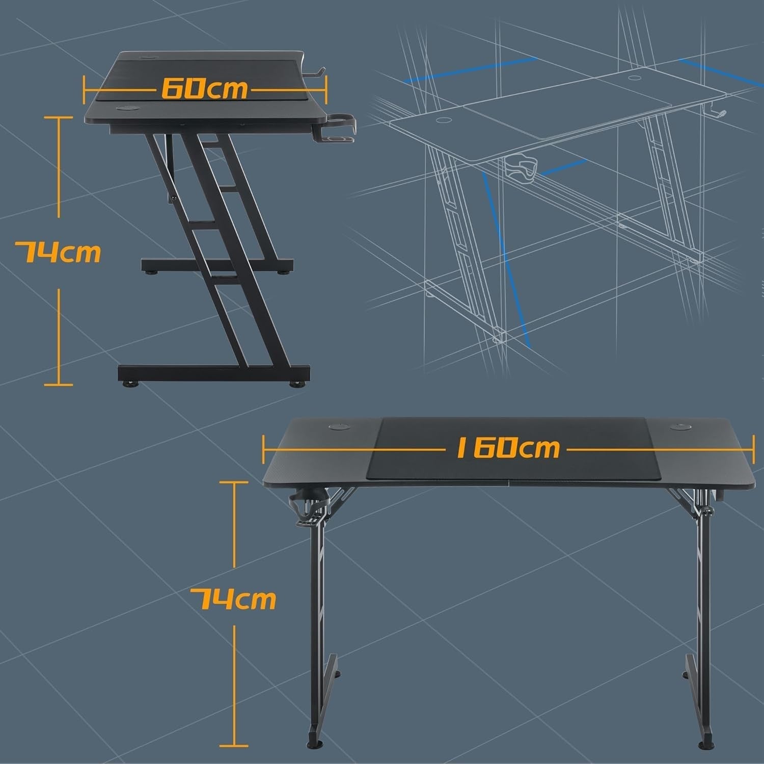 Gaming Desk w/LED, 160×60cm Carbon Fiber Computer Table, Black Z-Frame