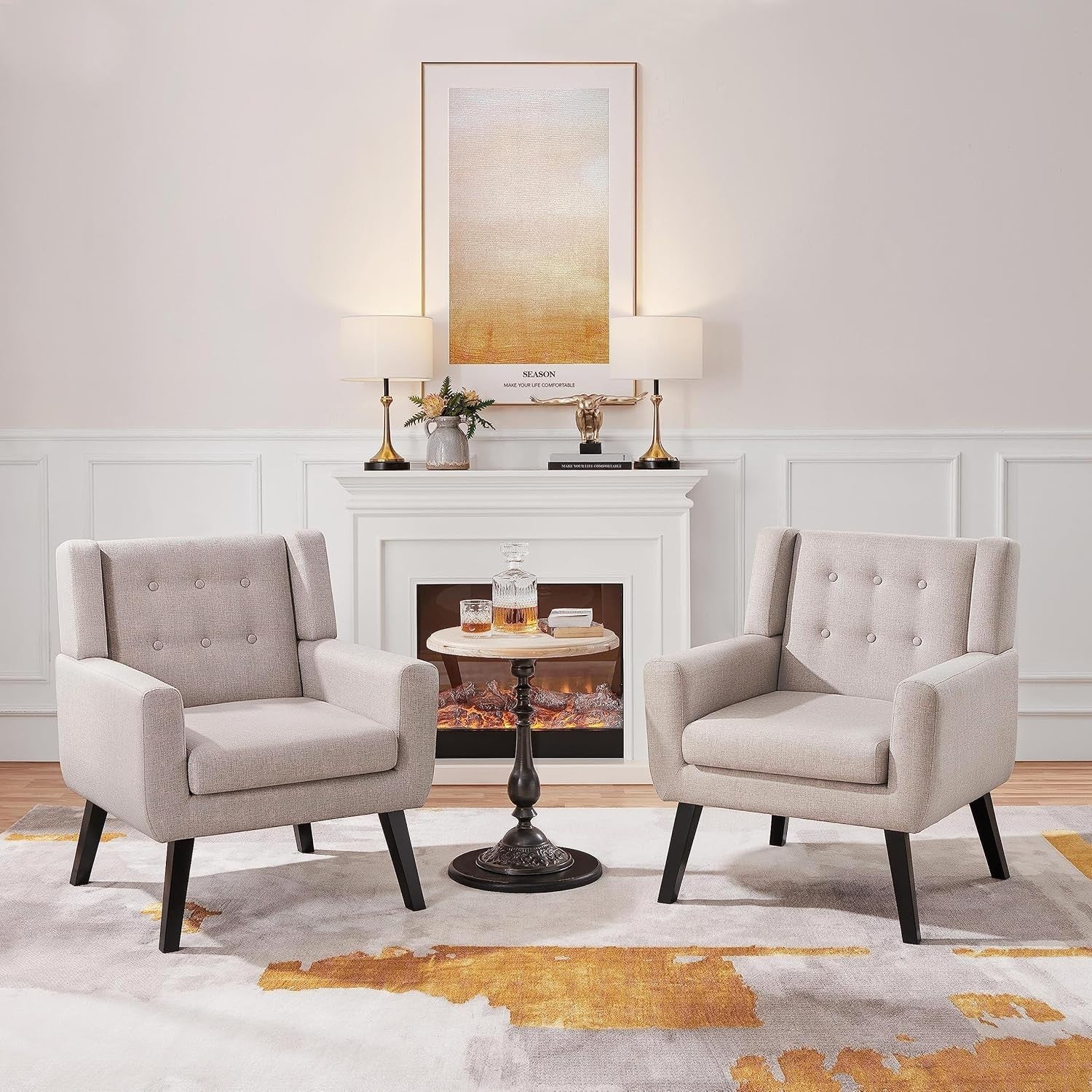 Set of 2 Beige Linen Armchairs, Button Tufted, Mid-Century Modern Chairs