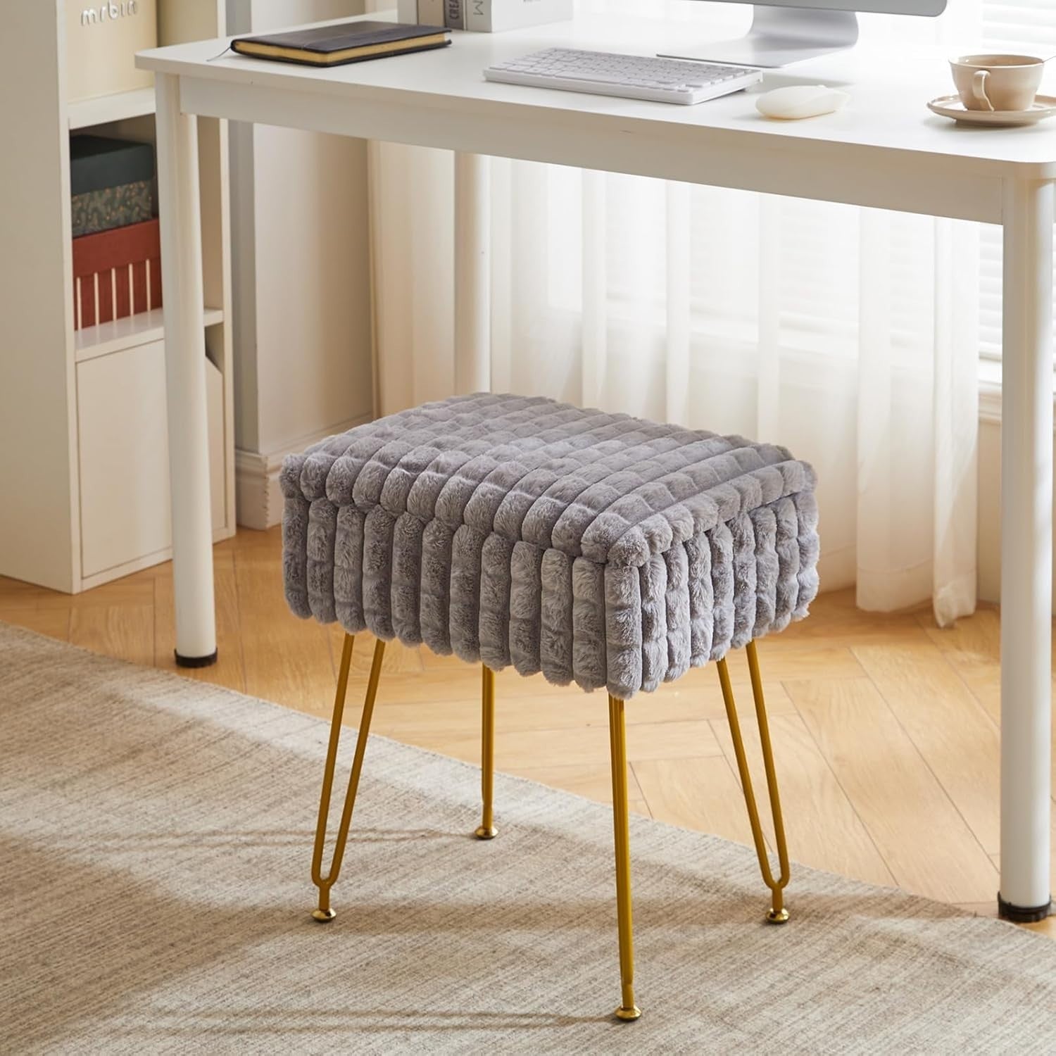 Grey Rectangular Vanity Stool with Storage – Modern Footrest & Side Table