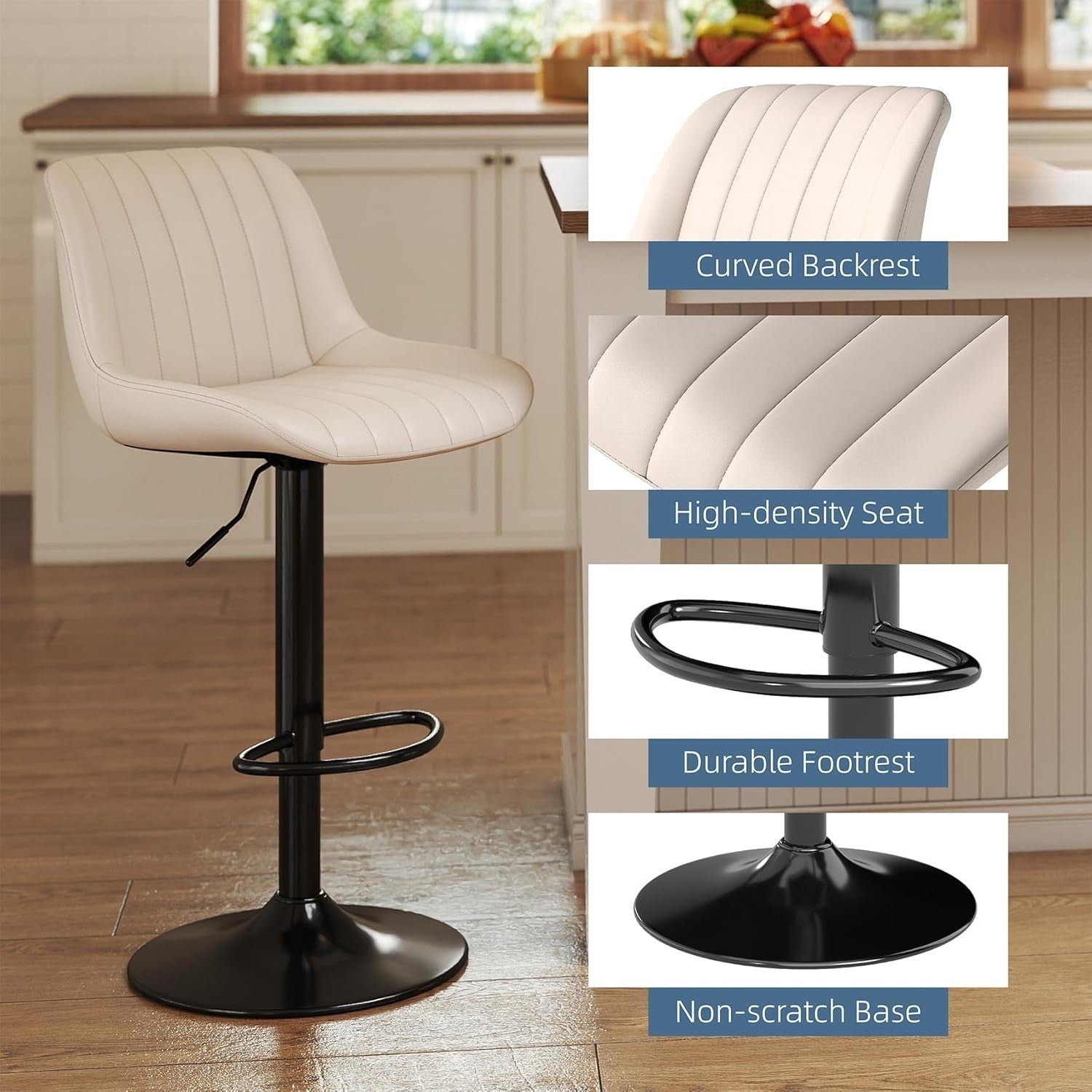 Adjustable Swivel Bar Stools Set of 2 PU Leather Counter Height Beige