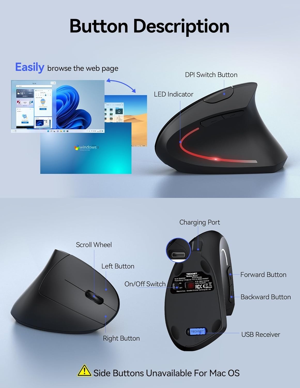 Vertical Ergonomic Wireless Mouse 4800 DPI Rechargeable Silent