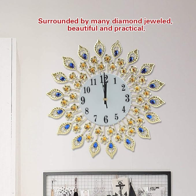 Luxury Peacock Crystal Wall Clock Silent Iron Art Decor 37×37cm Multicolour