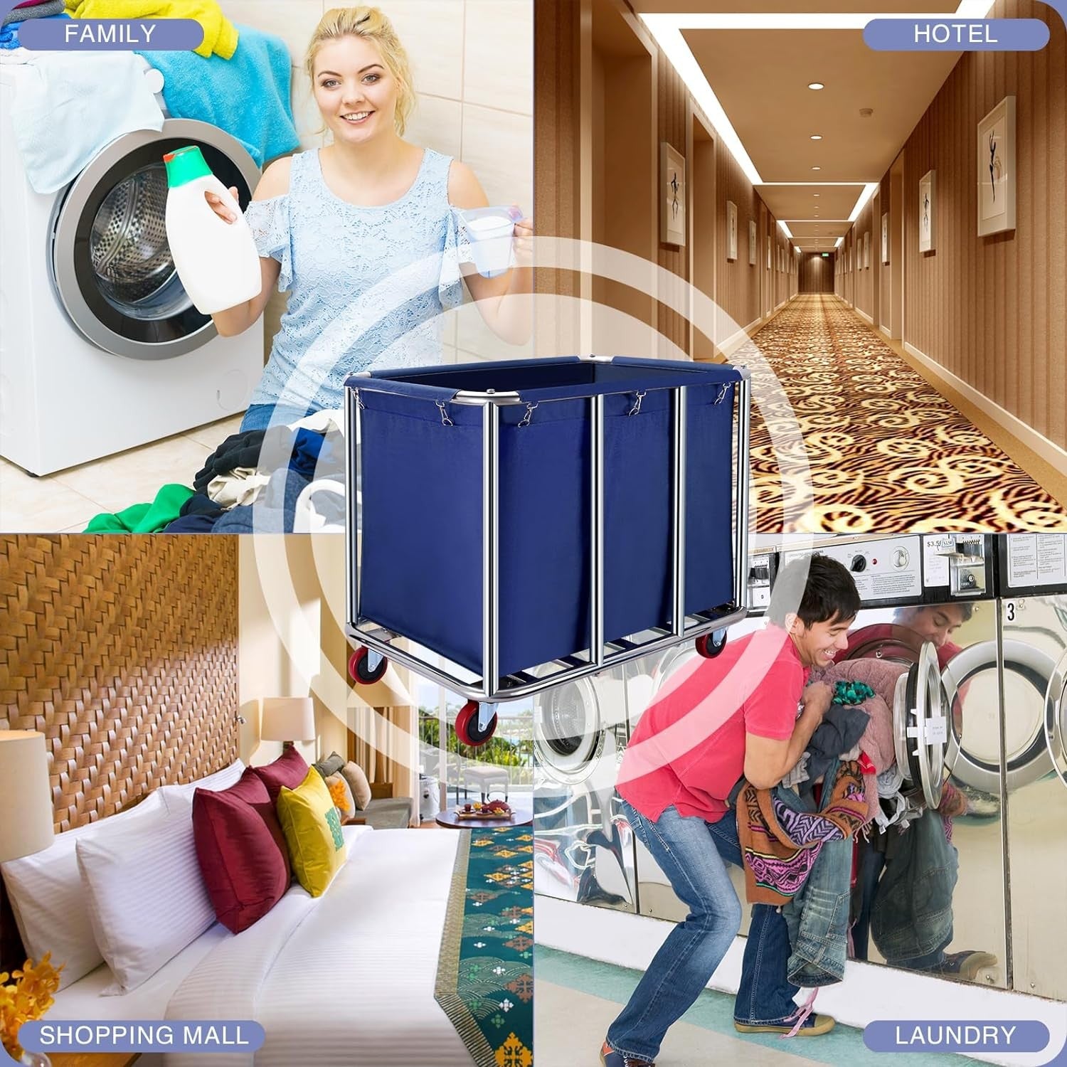 400L Commercial Laundry Cart with Wheels | Heavy Duty Steel Frame Blue Hamper