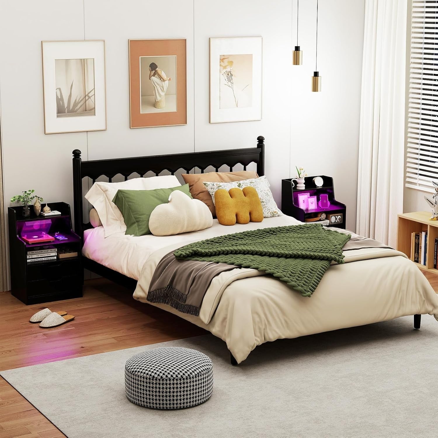 Black LED Bedside Tables with Charging Station, Drawers & RGB Display Shelves