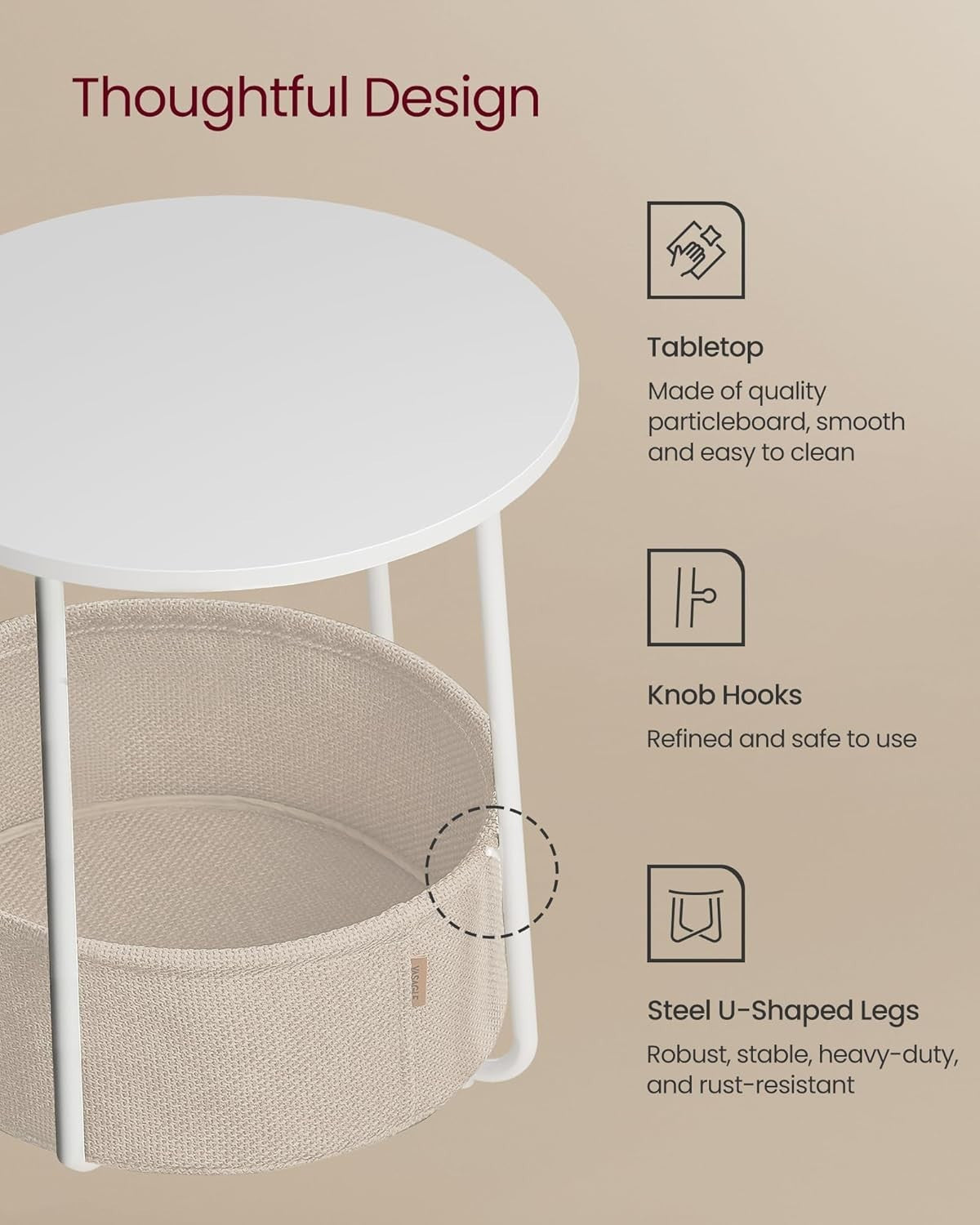 Round Side Table with Fabric Basket, Storage & Sturdy Steel Legs 45x45x50cm